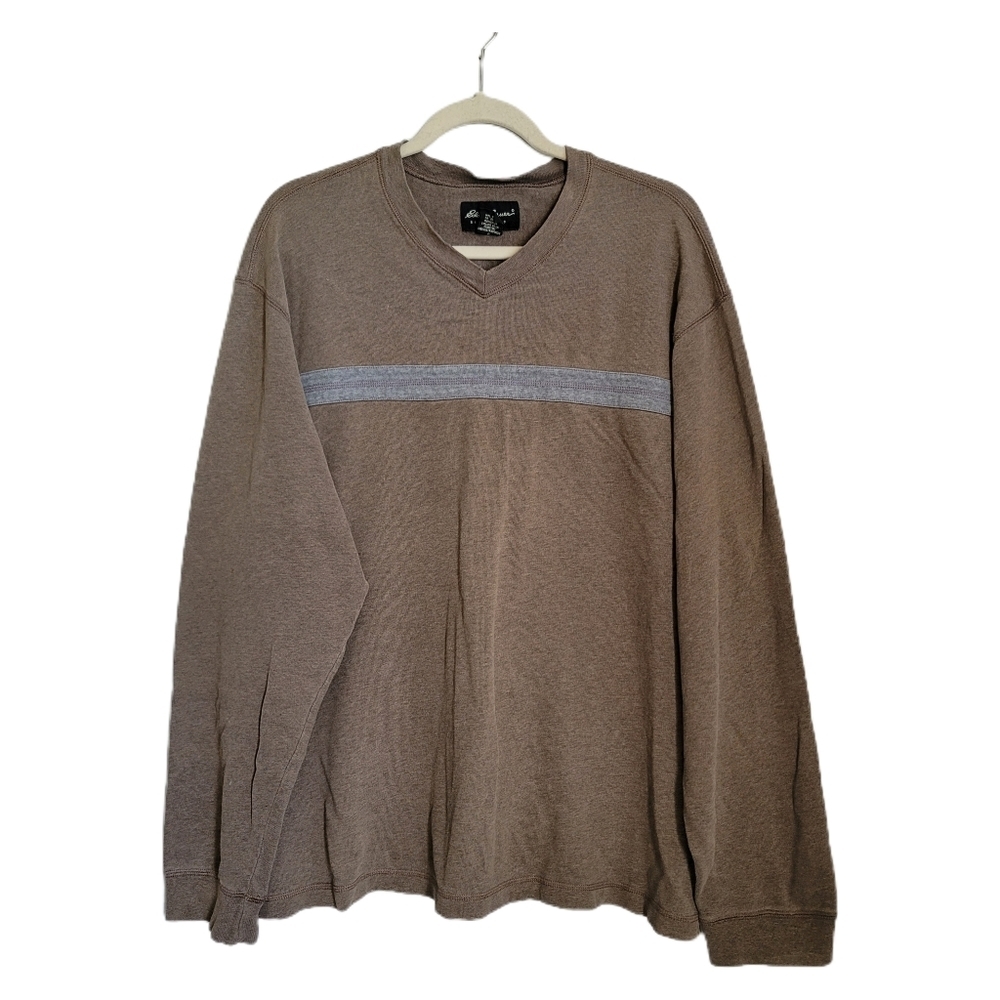 Eddie Bauer Mens Shirt L Large Brown V-Neck Long Sleeve